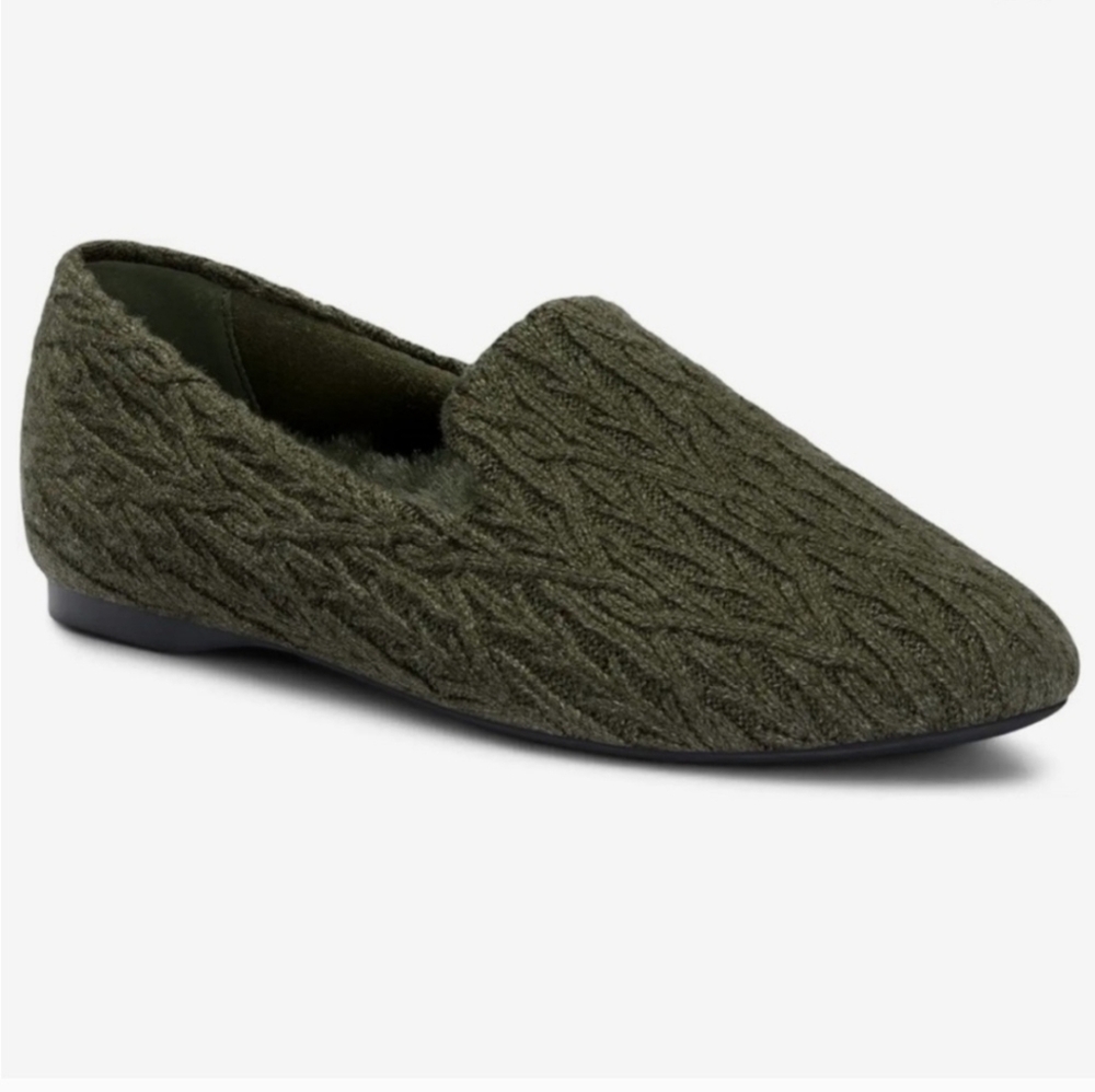 Birdies Faux Fur Lined Starling Flat in Forest Cable-Knit Shoes Size 8